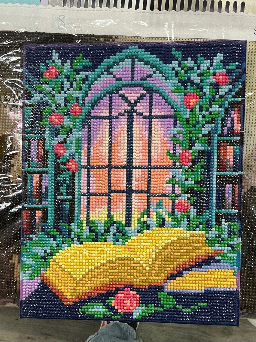 Beaded Window Garden Art Panel with Yellow Book-Completed on Canvas 8x10